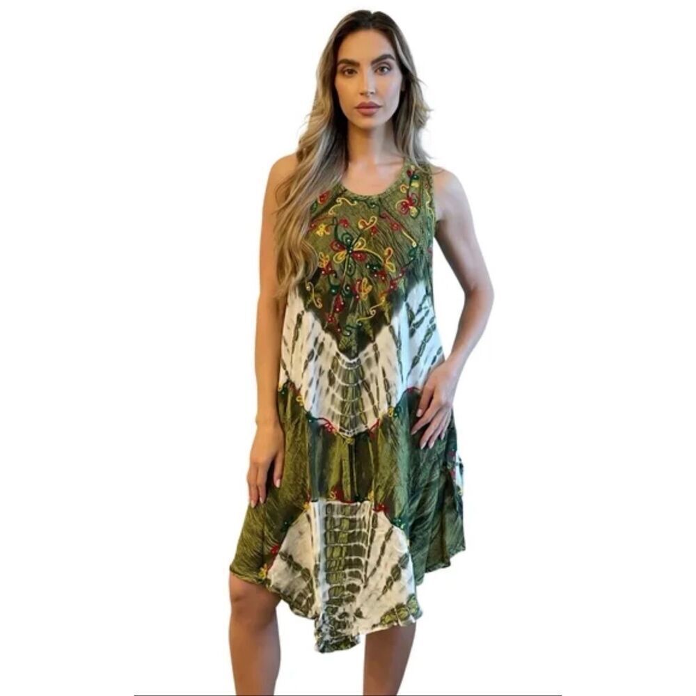 Riviera Sun 3x green tie-dye colorful embroidery crepe rayon summer beach dress